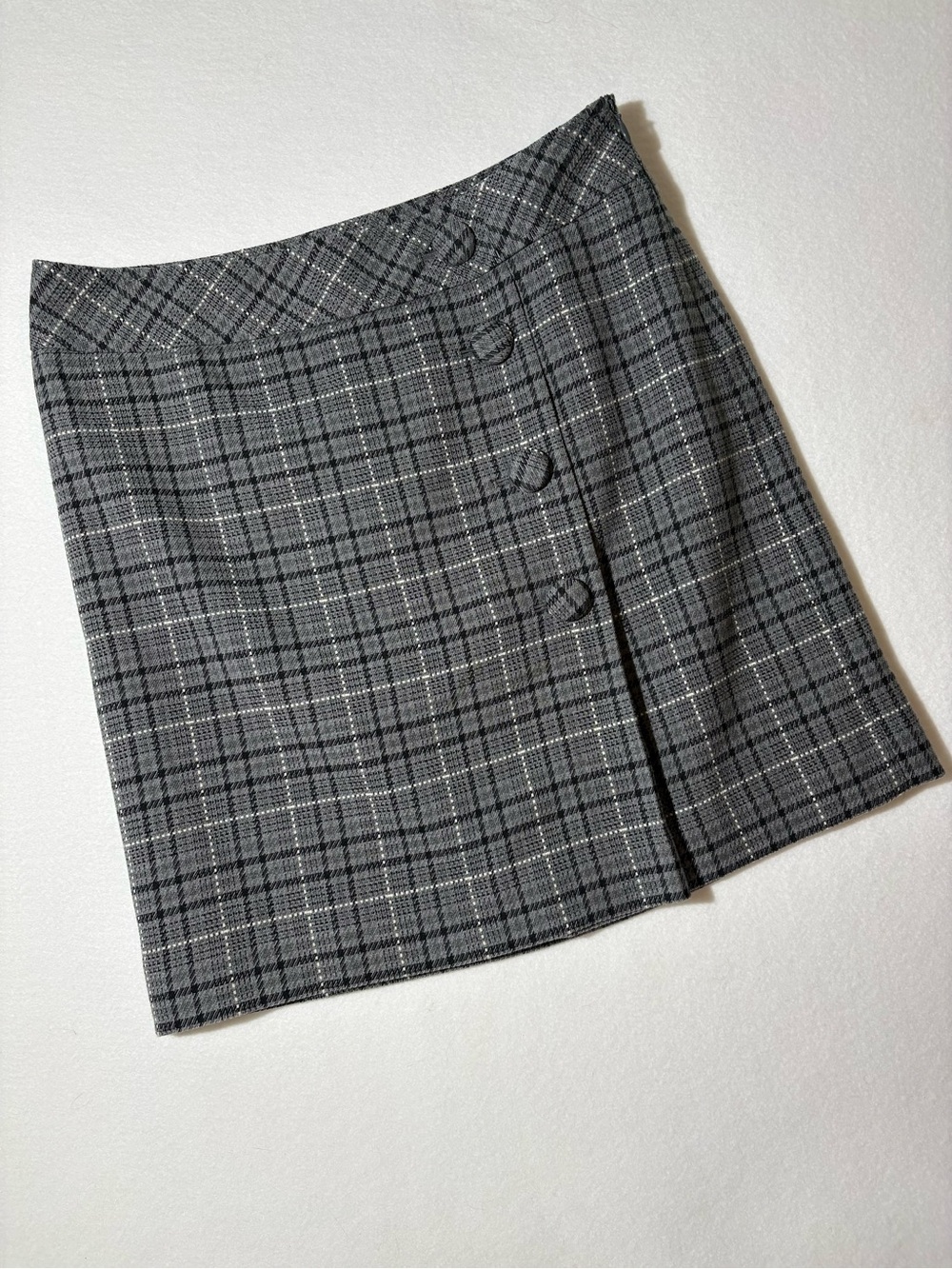 LOFT Gray Plaid Button-Accent Mini Skirt